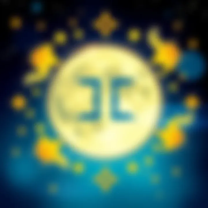 A vibrant illustration of a Gemini moon symbol surrounded by twinkling stars, showcasing the captivating traits of Gemini moons in astrology.