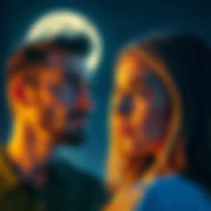 Gemini Moon Man Watching Someone A Gemini Moon man looking at a woman with a curious expression, showing signs of interest through body language and eye contact.