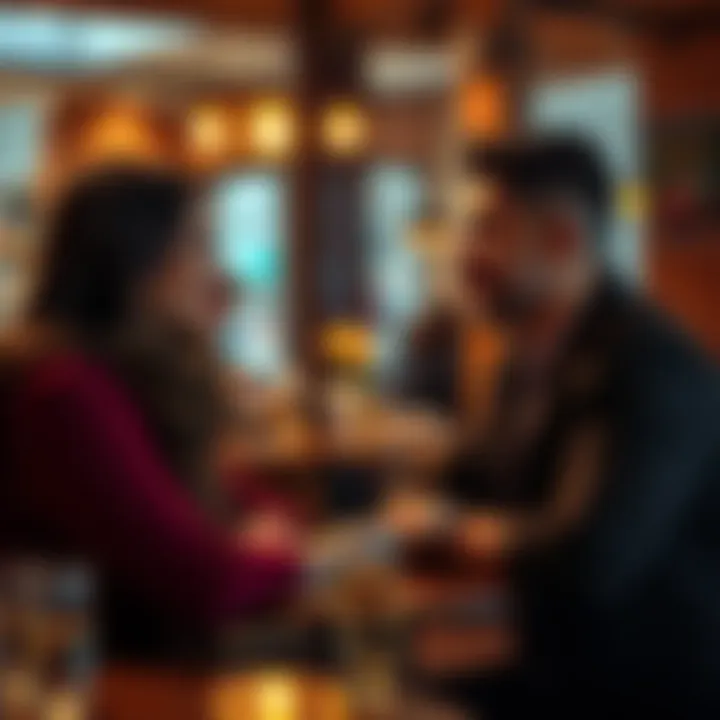 A Scorpio man smiling while talking to a Gemini woman in a cozy café setting. They are engaged in a warm conversation, reflecting their friendly bond.