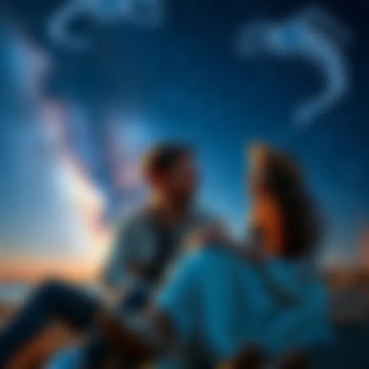 A Gemini man and a Scorpio girl sitting together, sharing a deep conversation under a starry sky, highlighting their unique connection.