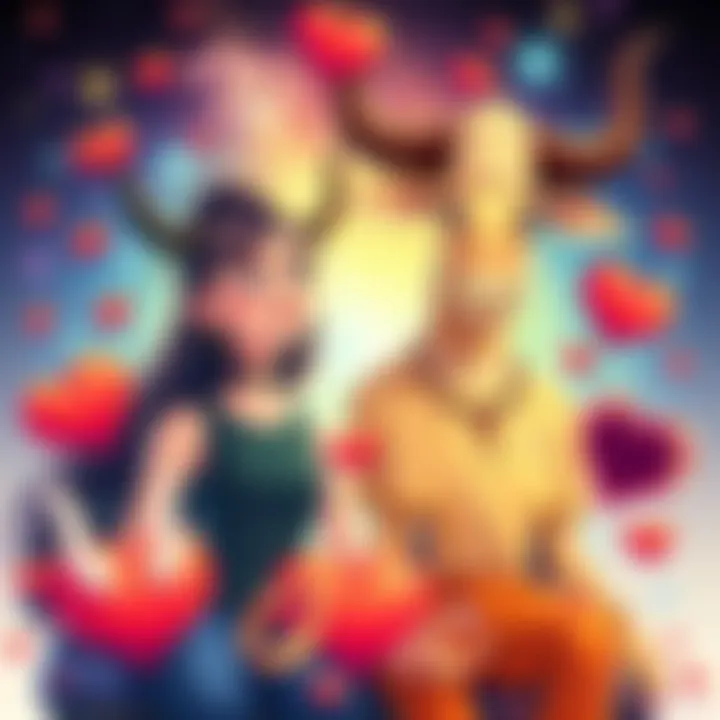 An illustration depicting a Gemini character looking curious and adventurous, surrounded by vibrant colors and new experiences, while a Taurus character appears calm and steady, surrounded by earthy tones and symbols of loyalty, like hearts and rings.