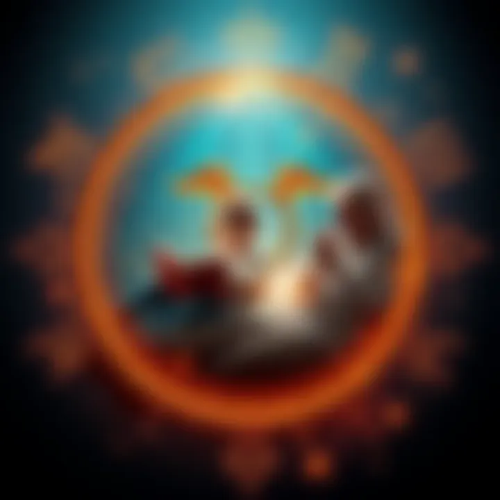 A Gemini symbol surrounded by a child playing and an adult reading a book, representing the mix of youth and maturity.