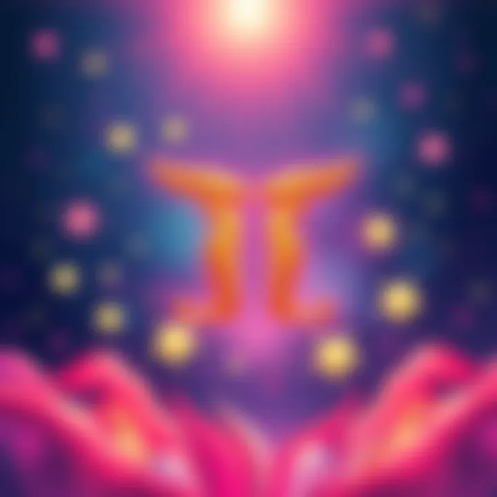 A vibrant illustration showing a Gemini symbol with playful elements like stars and a smiling face, representing honesty and intelligence.