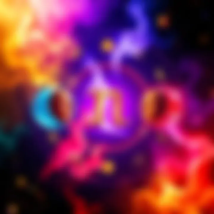Gemini Zodiac Signs A colorful representation of Gemini traits, featuring the symbols for sun, moon, Venus, and rising signs around a central Gemini symbol.