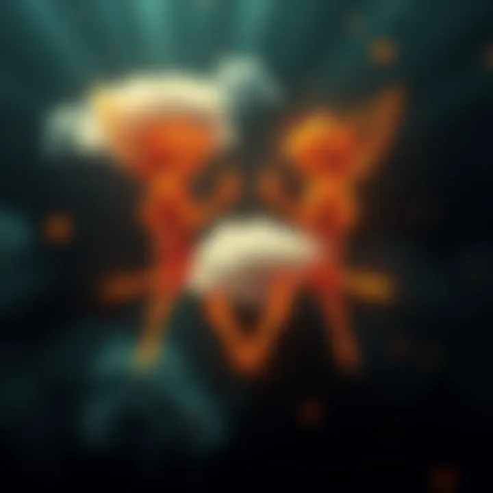 A graphic showing the dual nature of Gemini, featuring symbols of curiosity and silence in social settings, with cloud-like elements to represent air signs.