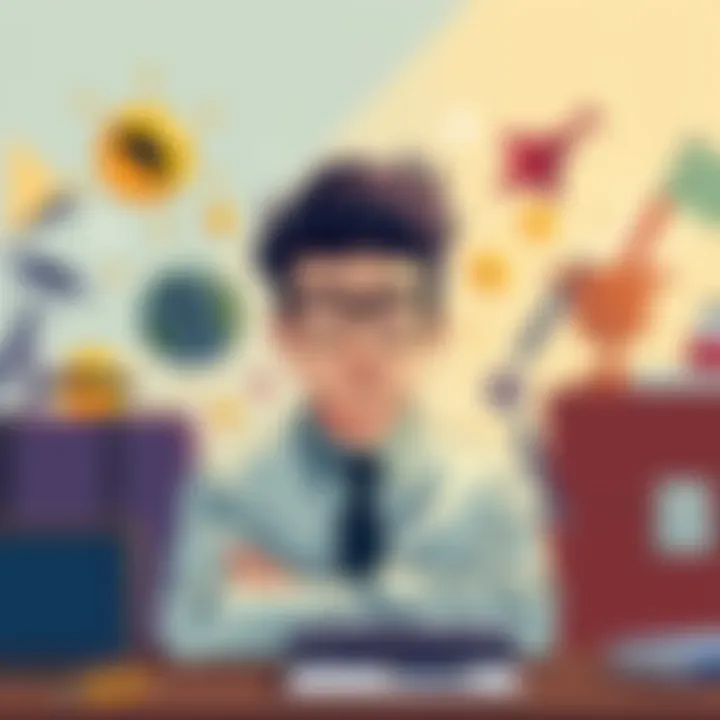 An illustration showing a person with Gemini traits, surrounded by various career icons like a briefcase, laptop, and creative tools, symbolizing career choices.