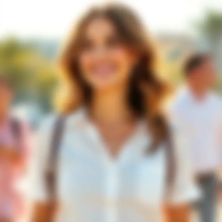 A Gemini Venus woman smiling playfully, showing interest and affection in her demeanor, standing in a bright, cheerful setting.