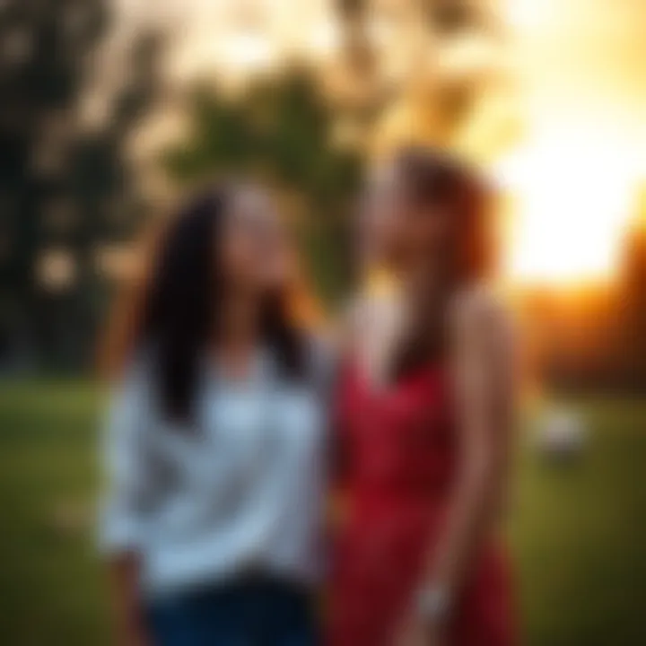 Gemini and Virgo Women Friendship Two women representing Gemini and Virgo signs, standing together in a park, sharing laughs and strong sisterhood, with a warm sunset in the background.