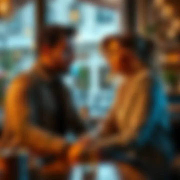 A Gemini man and a Virgo woman sitting together, discussing their relationship in a cozy cafe setting.