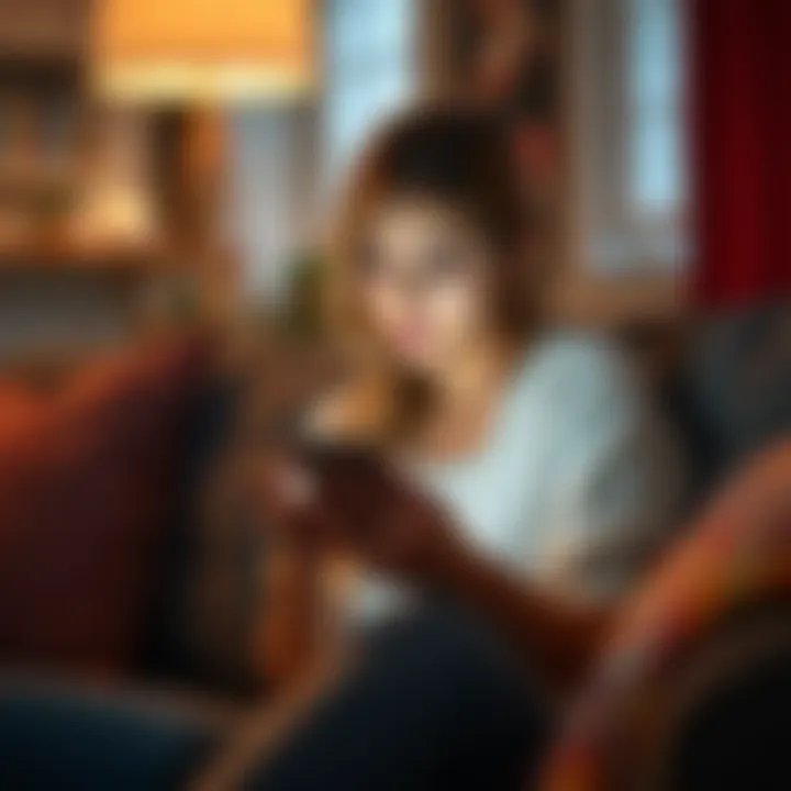 A disappointed Gemini woman sitting on a couch, staring at her phone after receiving a rejection text from a Pisces man.