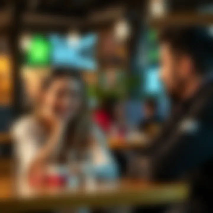 A Gemini woman smiling while talking to a younger man at a cafe, representing their relationship dynamics.