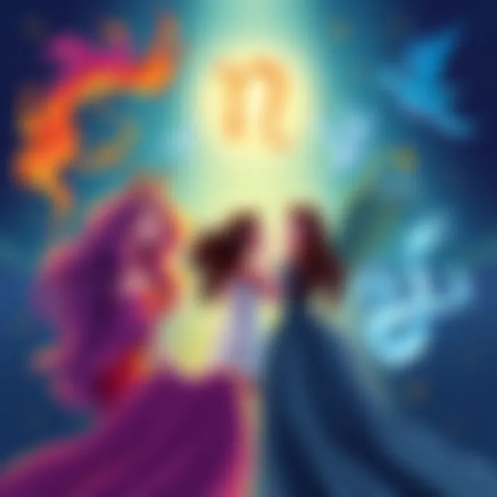 Gemini Women and Zodiac Signs Illustration showing Gemini women discussing their attraction preferences to different zodiac signs, including fire, air, and water signs.