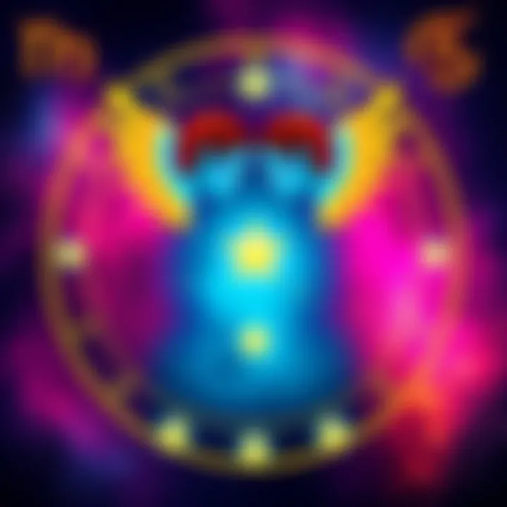 A vibrant illustration of the Gemini zodiac sign with two figures representing duality, surrounded by five stars symbolizing a stellium.