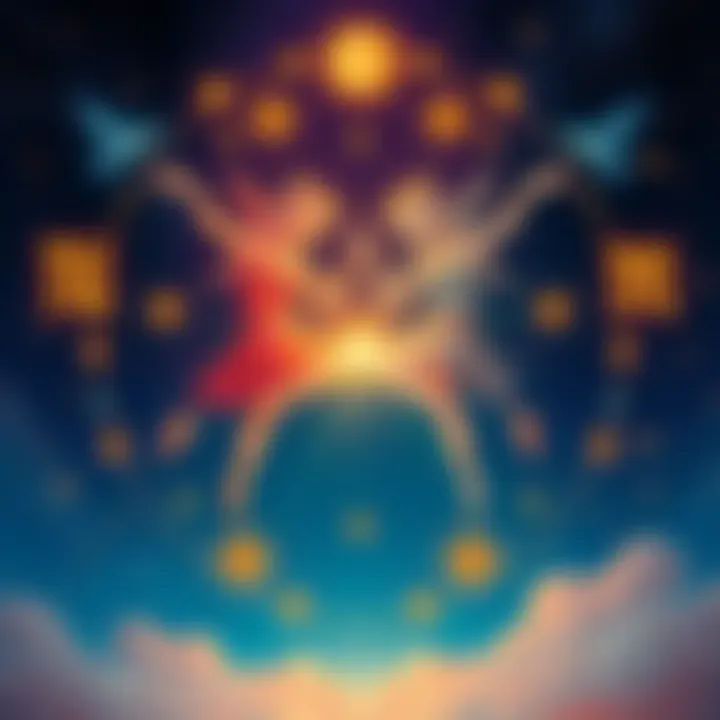 Gemini Zodiac Sign Illustration A vibrant illustration of the Gemini zodiac sign, featuring two figures representing duality, surrounded by stars and air symbols, reflecting their social and dynamic nature.