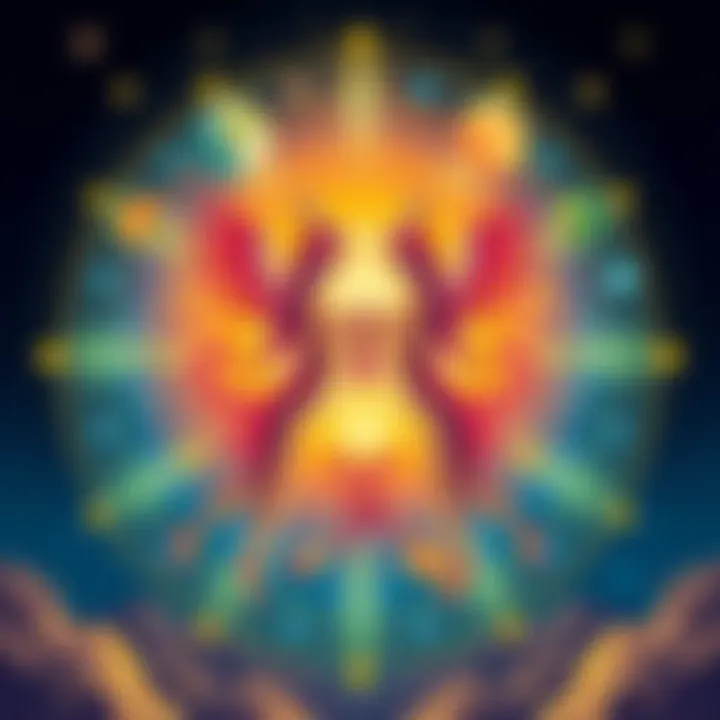 A vibrant illustration showing the Gemini zodiac sign surrounded by various personality traits and symbols representing flexibility and adaptability.