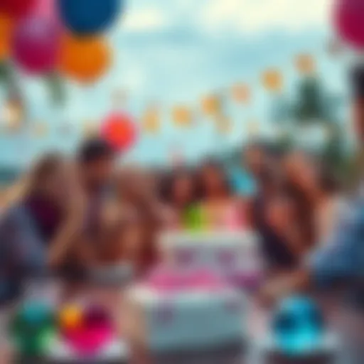A group of people celebrating a birthday outdoors, with balloons, a cake, and travel-themed decorations.