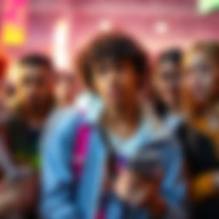 A group of diverse young people engaging with social media, showcasing music and fashion styles influenced by niche communities.