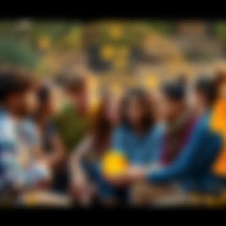A group of diverse young people discussing astrology and personal beliefs outdoors, surrounded by nature and symbols representing different belief systems.