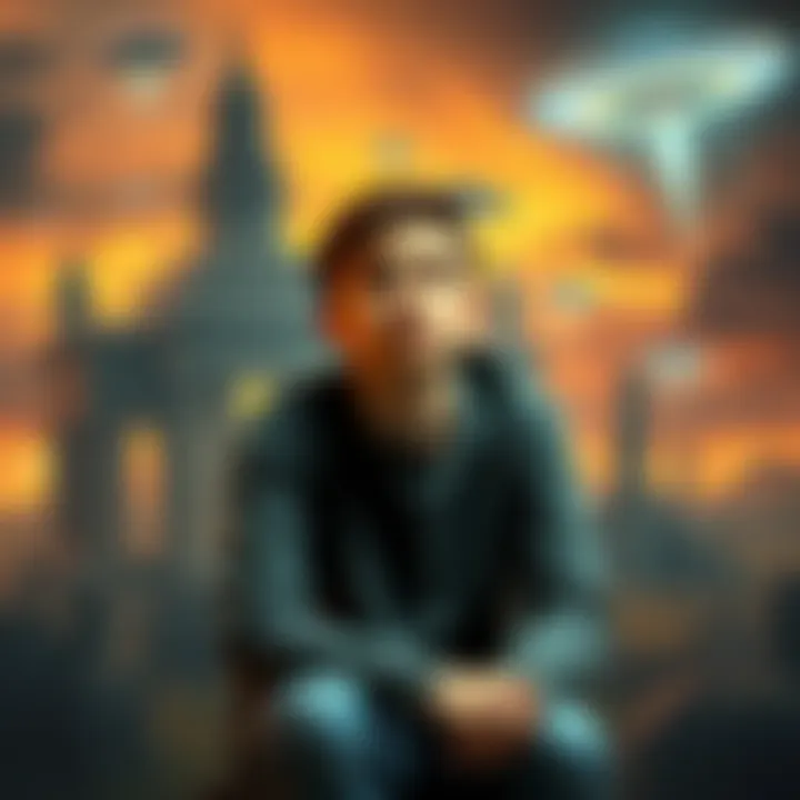 Gen Z Reflection on Ancient Aliens A young person sitting with a thoughtful expression, surrounded by images of ancient structures and UFOs, reflecting on the influence of aliens in history.