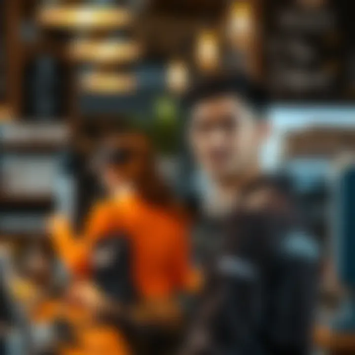 A young Gen Z employee at a coffee shop showing a neutral expression while serving a customer, illustrating the discussion around customer service attitudes.