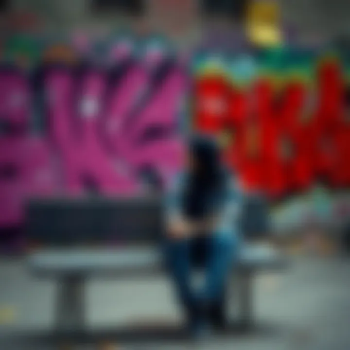 Individual sitting on a bench, looking thoughtful as they consider their gender identity journey, with a background of colorful graffiti representing diversity.