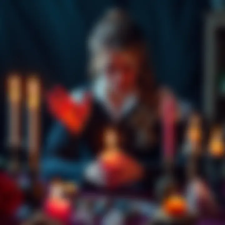 A genderfluid person performing witchcraft rituals, surrounded by symbols of masculine and feminine energies, like candles and crystals.