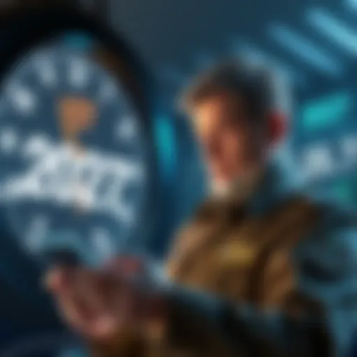 General McCasland looking pensive while typing on a smartphone with a backdrop of a digital clock showing late 2027