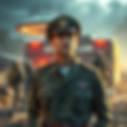 A military general in uniform, looking concerned while standing near a UFO lab, surrounded by search team members and equipment.