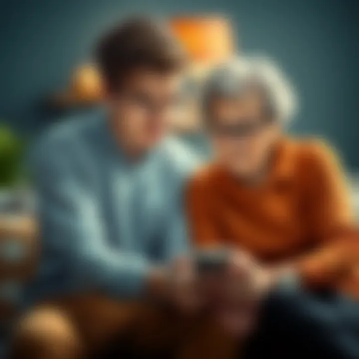 Generational Communication Gap A young adult and an older person sitting together, looking at a phone with puzzled expressions as they discuss internet culture and its meanings.