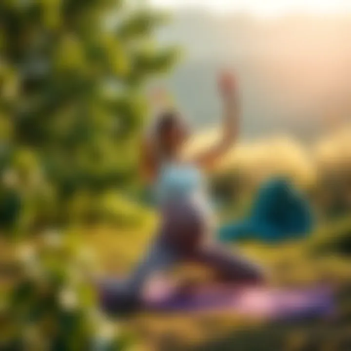 A serene yoga scene with a pregnant woman practicing in a peaceful environment, surrounded by nature