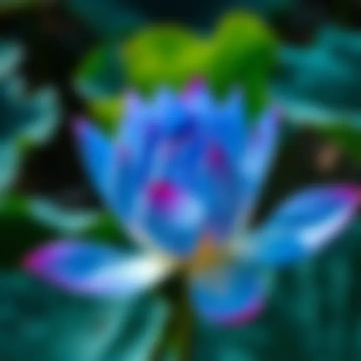 A close-up of an authentic Egyptian blue lotus flower, showcasing its vibrant petals and distinctive shape, surrounded by lush greenery