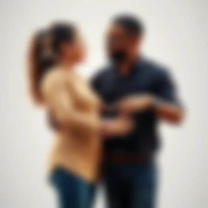 A couple standing close together, forming a heart shape with their arms, symbolizing love and affection. Their expressions show both joy and contemplation, reflecting on their feelings.