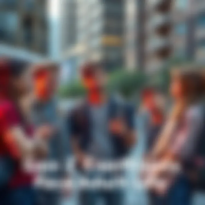 Gen Z Faces Adult Life A group of young adults in casual clothing discussing their job prospects and financial challenges in an urban setting.