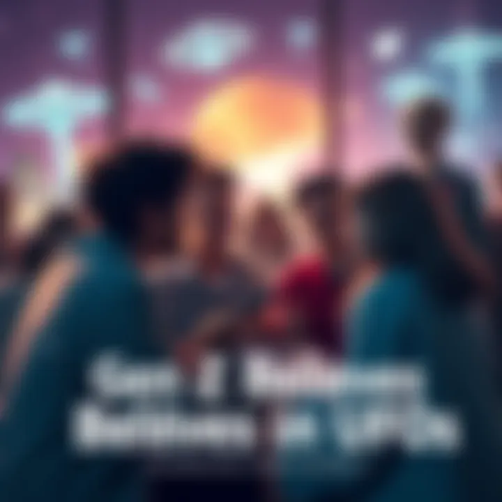 Gen Z Believes in UFOs A group of young people discussing UFOs and aliens in a lively setting, with UFO imagery and social media icons around them