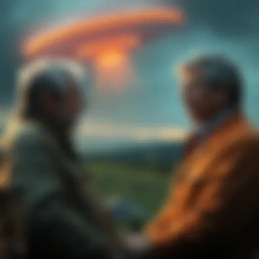 Geoff Cruikshank and Harald Malmgren talking about the Bluegill Triple Prime incident, with a UFO in the background.