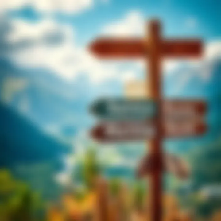 Geographical Marker Sign A signpost showing directions to various landmarks and destinations, with a beautiful natural backdrop