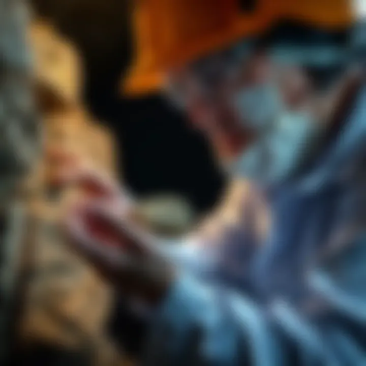 A geologist holds a rock sample while studying underground layers in a cave