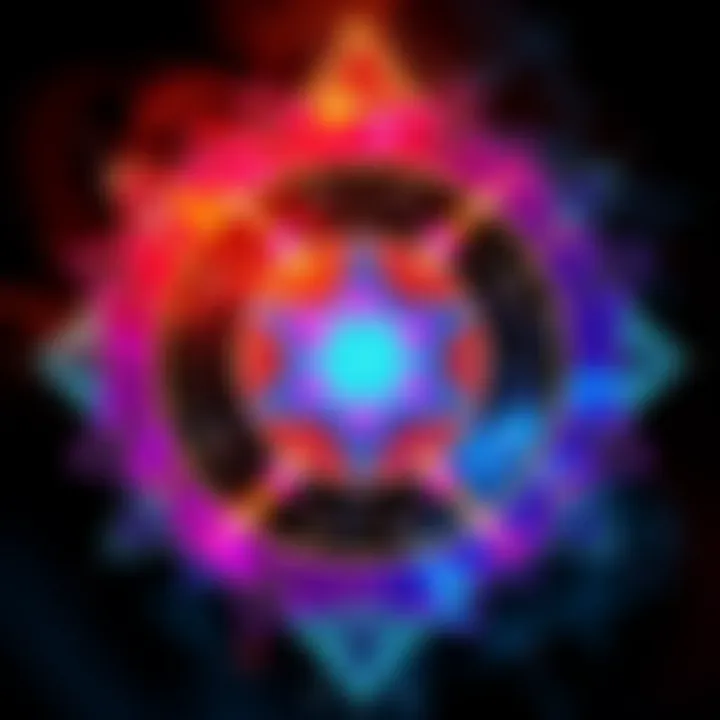 Illustration of colorful geometric shapes and symbols representing sacred geometry, reflecting cultural and spiritual themes influenced by Jungian analysis.