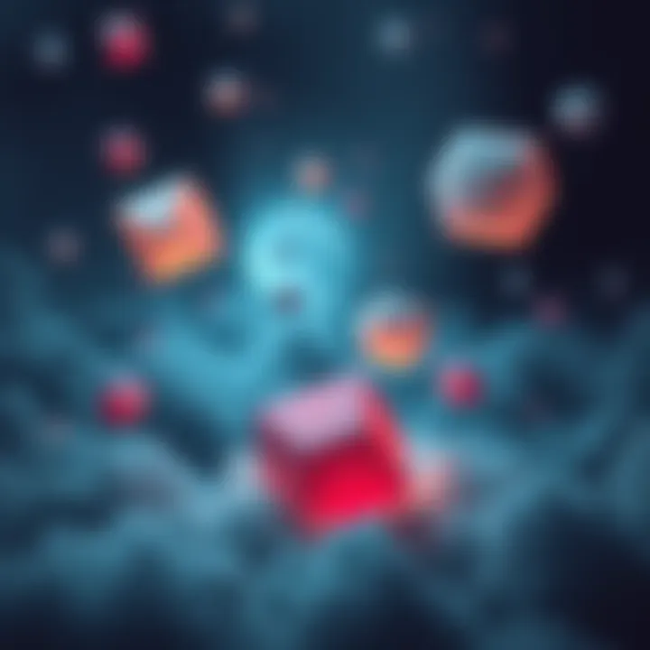 Geometric Shapes in a Dream A surreal scene showing floating geometric shapes in a dark, cloudy background, representing nightmares.