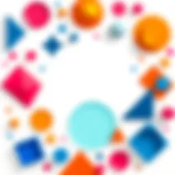 A variety of geometric shapes including triangles, circles, and squares arranged artistically on a white background.