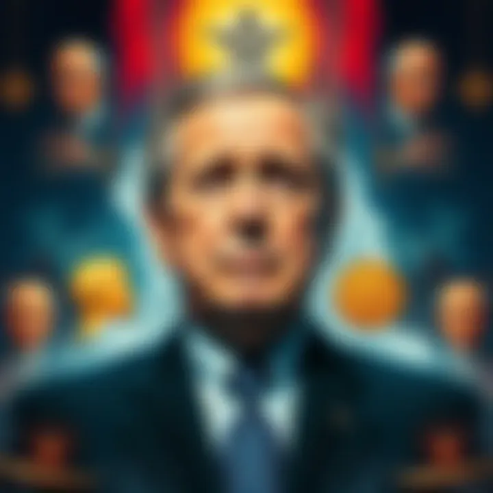 A collage showing George Bush Senior alongside symbols associated with Epstein and Bohemian Grove, with conspiracy theory imagery in the background.