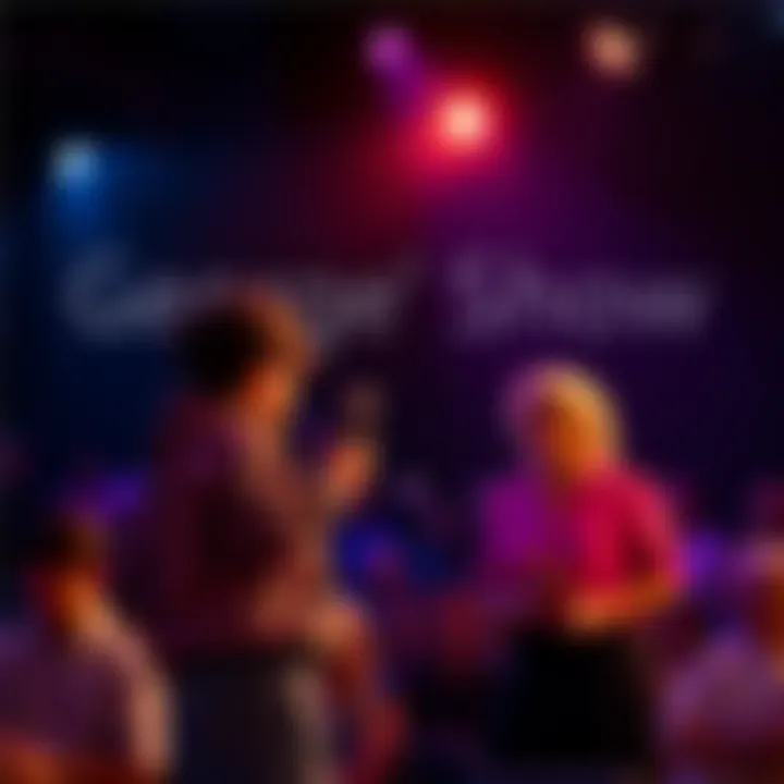 George stands on stage with a microphone, looking out at the audience with a heartfelt expression, while his mother watches from the front row, beaming with pride.
