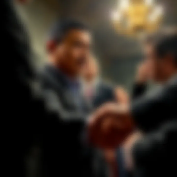 George Santos shaking hands with officials, signaling an agreement to stay silent about fellow Republicans in exchange for a commuted sentence.