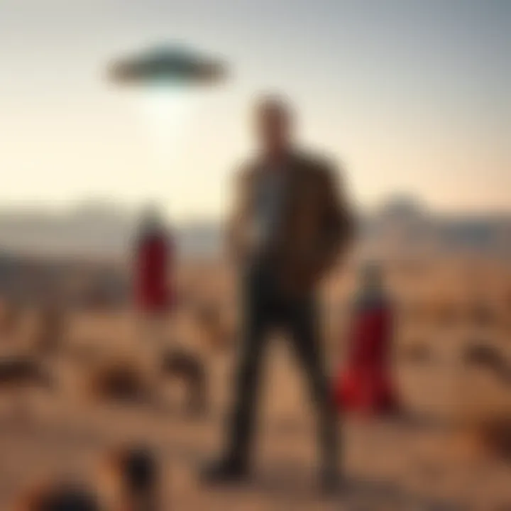 George Adamski standing in the Mojave Desert with a UFO in the sky and a depiction of extraterrestrial beings nearby