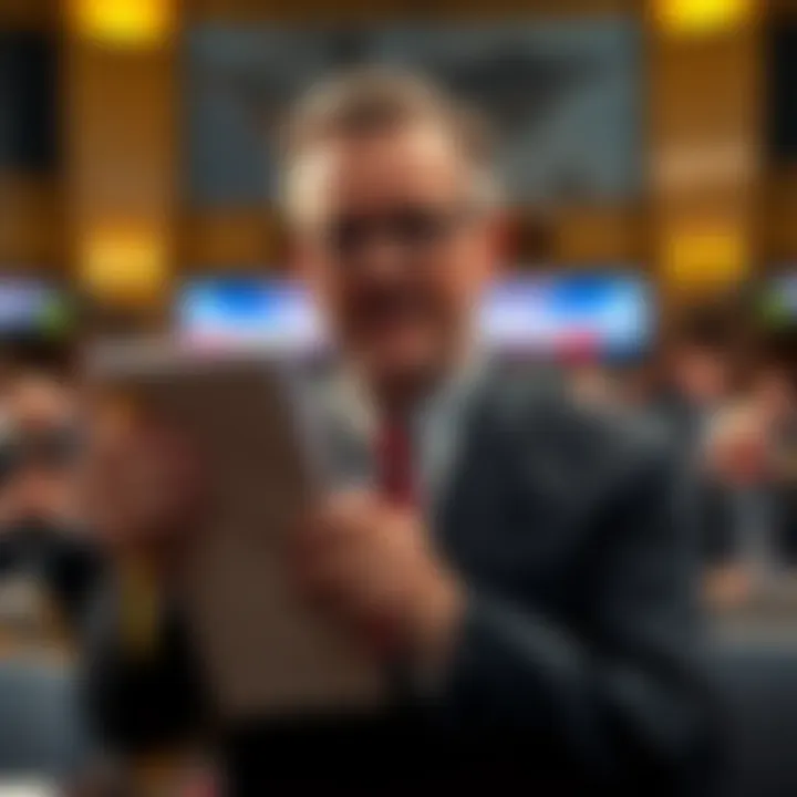 George Knapp holding Soviet documents in a public forum setting