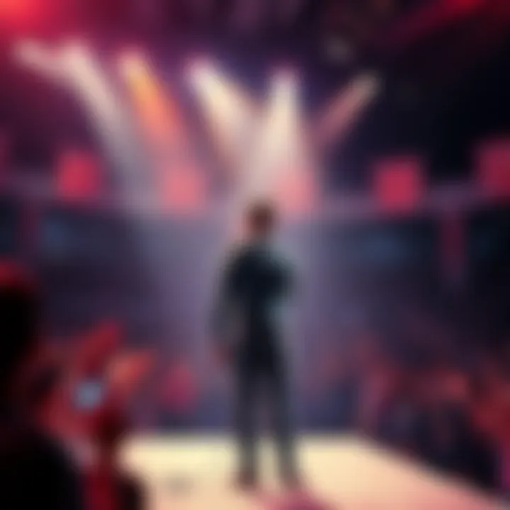 George stands on stage with a microphone, looking concerned amidst a cheering crowd, reflecting the mixed emotions of fans about his recent performance.