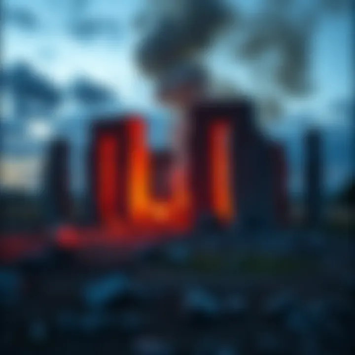 A view of the destroyed Georgia Guidestones with rubble and smoke in the background after the bombing