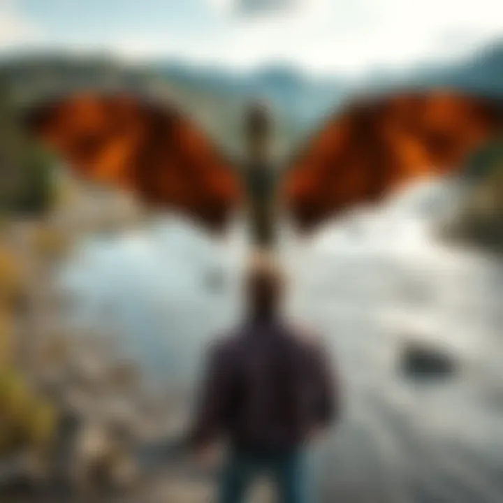 A man stands by a river, looking up in awe at a large, flying creature with wings in the Appalachian mountains of Georgia.
