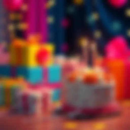 A festive scene featuring colorful gift boxes and a birthday cake, perfect for celebrating Georgie's special day with unique presents