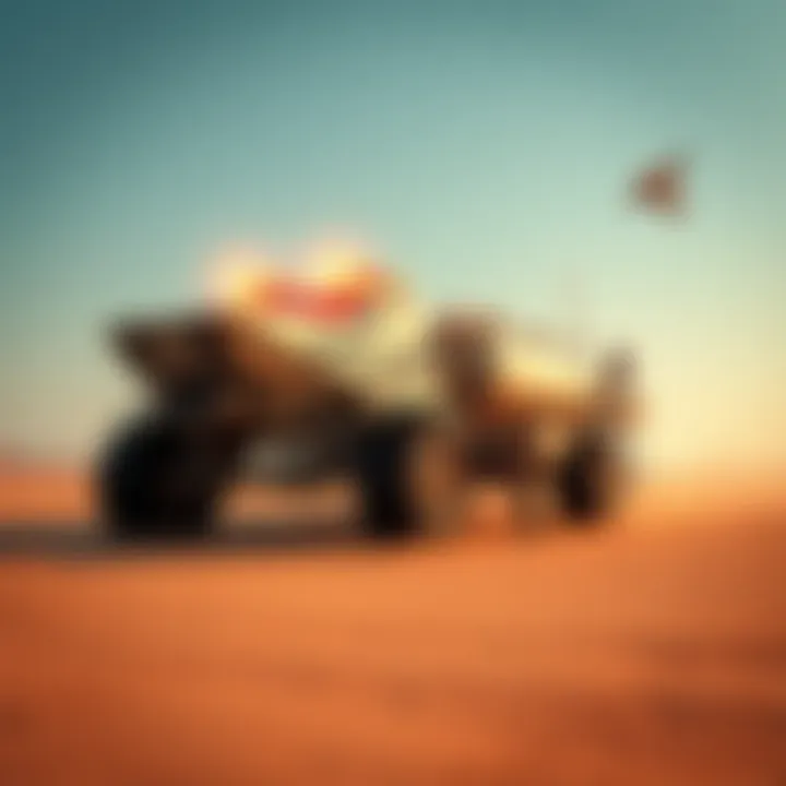A large land ship designed for the Sahara, featuring big wheels and two engines, with people boarding it in a desert setting.